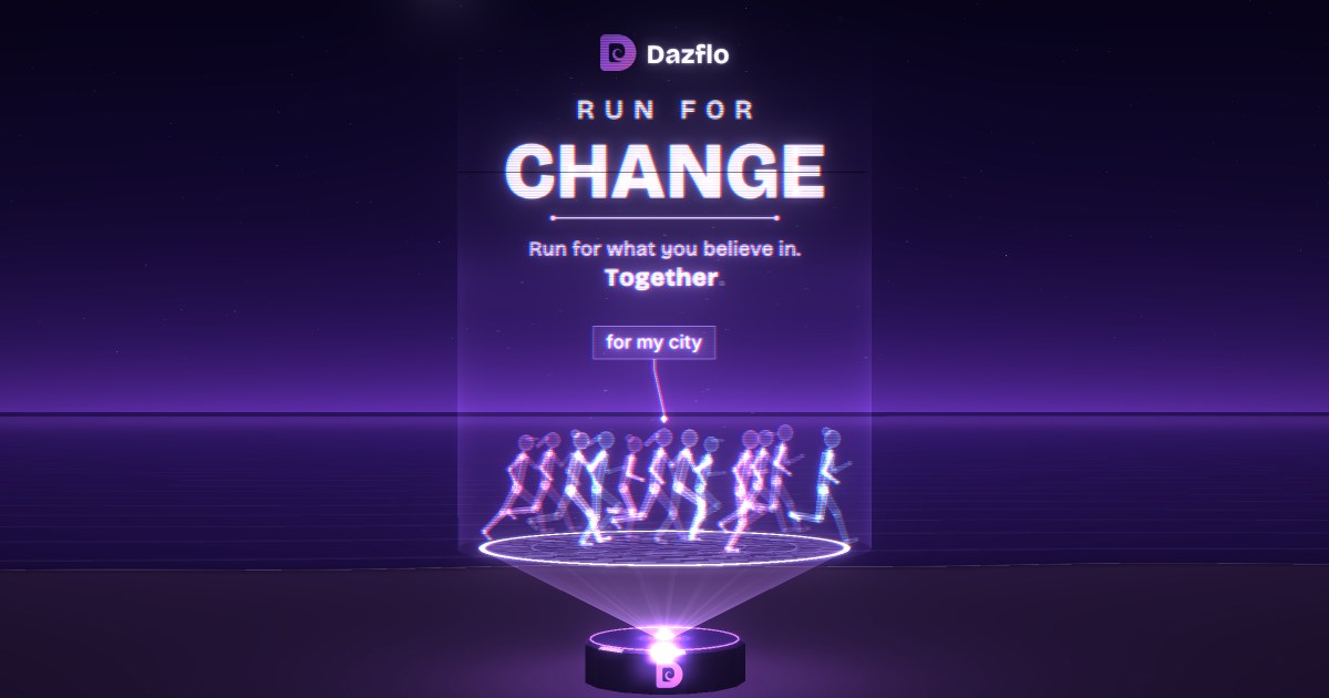 Run for Change, a hologram from Dazflo: runners made of light over a Dazflo device at night.